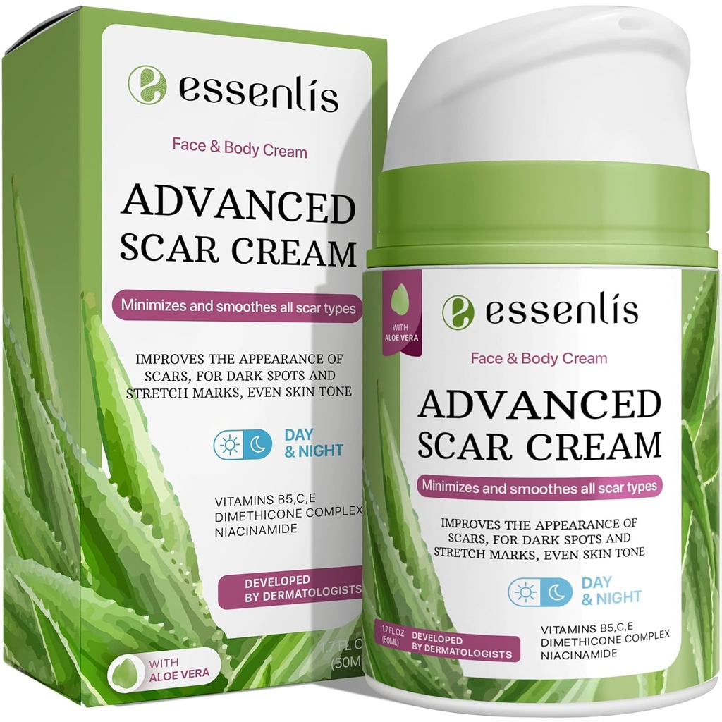 Creme de remoção de cicatrizes para mulheres e homens, reparação rápida de novas cicatrizes antigas, manchas, queimaduras todo o tratamento natural com vitamina E, B5, C, Aloe Vera, 1,7 Fl Oz