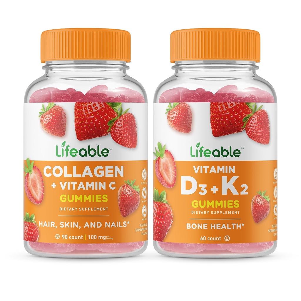 Colágeno e Vitamina C vitalício + Vitamina D3 + Vitamina K2, Gummies Bundle - Grande Degustação, Suplemento Vitamina, Sem Glúten, GMO Livre, Gummy mastigável