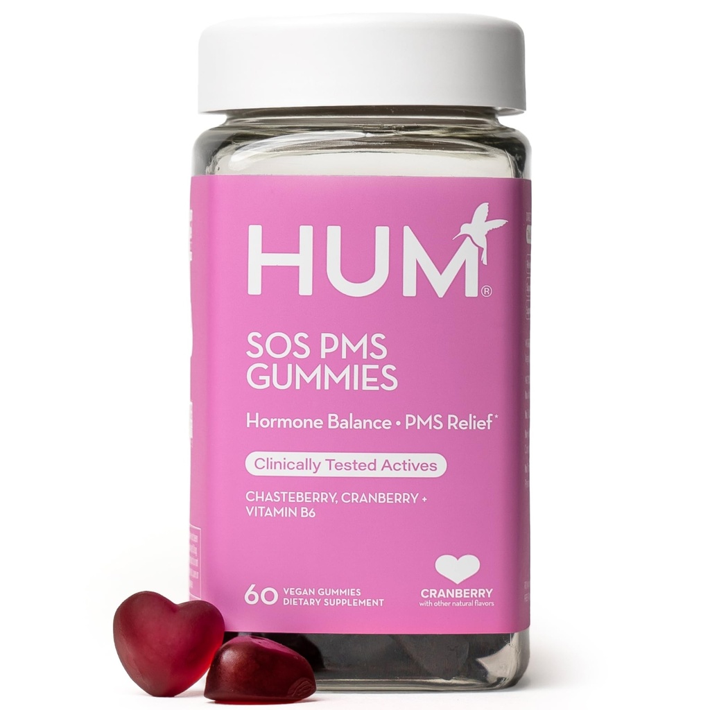 HUM Nutrition SOS PMS Gummies, Suplemento de suporte para mulheres, Sintomas do ciclo de apoio, Bloating, Equilíbrio hormonal, Inclui vitamina B6, Cranberry & Chasteberry Vitex, Glúten livre, 60 Vegan Gummies