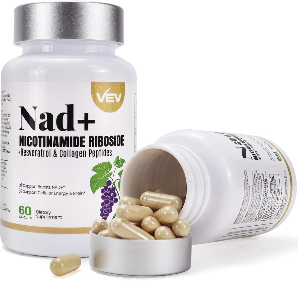 VEV NAD Suplemento Cápsulas - Nicotinamida Riboside, Multi-Collagen,CoQ10 -NAD Suplemento para Pele - 60 Cápsulas*2
