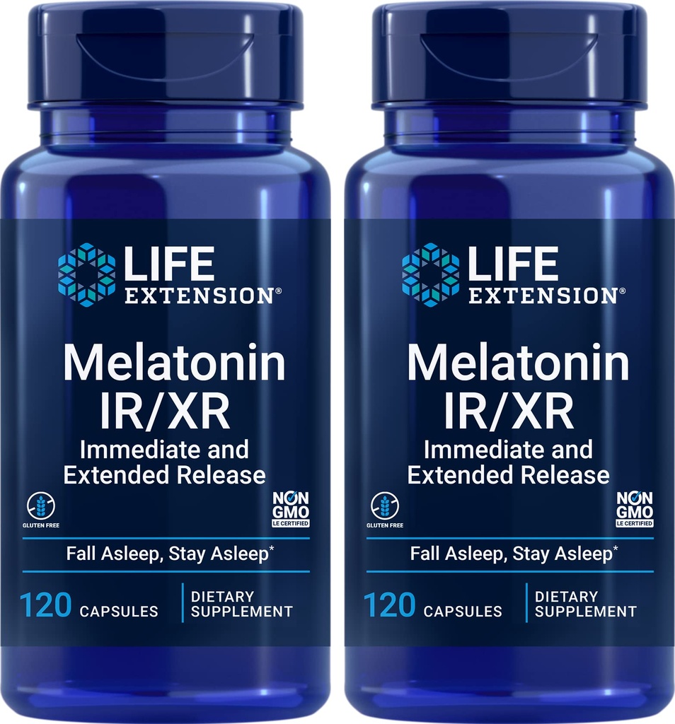 Extensão de vida Melatonina IR/XR, 120 Cápsulas (Pacote de 2) - Liberação imediata e estendida para 7 horas de suporte - Night Time Suplementar - Fique a dormir durante toda a noite - Não-GMO, sem glúten