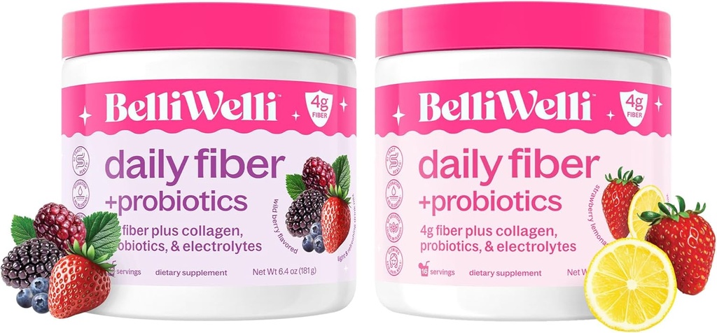 Belli Welli pacote de suplemento de fibra diária com colagénio, probióticos e eletrólitos – Morango limonada & Wild Berry Flavors – Suporta Digestion, Equilíbrio de Gut, & Debloating – 32 Servings