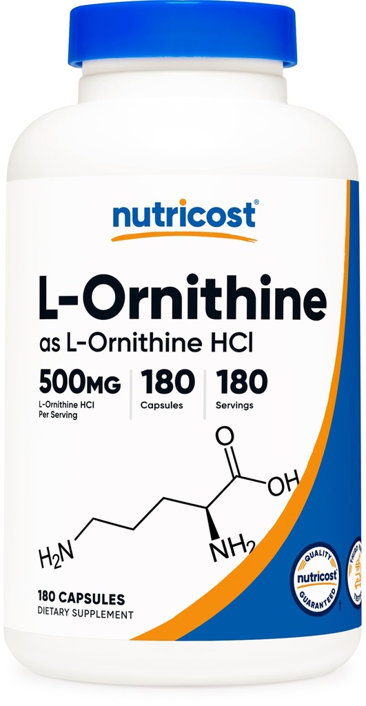 Nutricost L-Ornitina 500mg, 180 Cápsulas - Não-GMO e Glúten Grátis