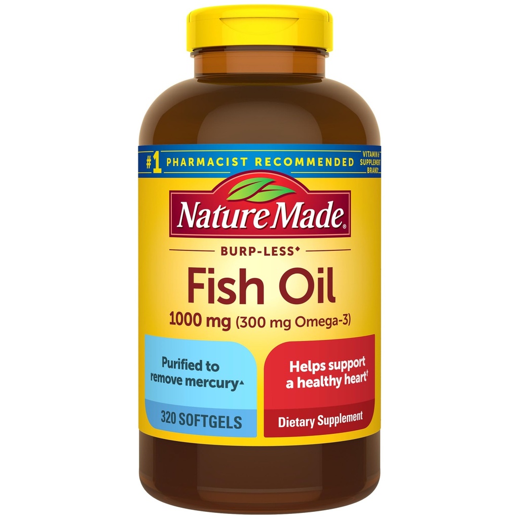 Natureza Made Burp Menos óleo de peixe Omega 3 Suplementos, 1000mg Softgels, Omega 3 Suplementos de óleo de peixe para apoio cardíaco saudável, 320 Softgels, 160 dia de fornecimento