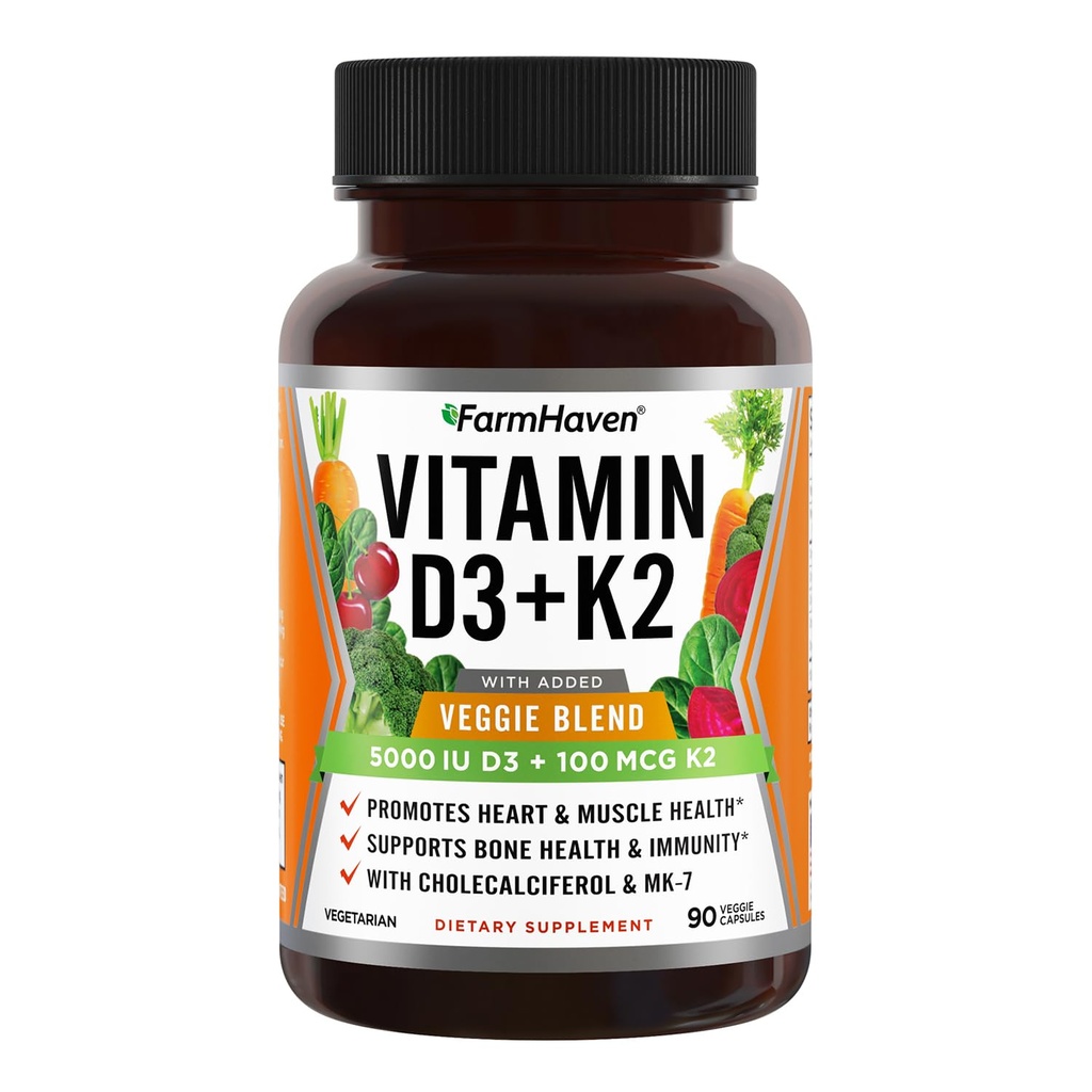 Cápsulas FarmHaven Vitamina D3 K2 - 5000 UI D3 e 100 mcg K2 - Colecalciferol MK7 com Mistura de Frutas Vegetais - Suplemento Vitamina D K2 para Sistema Imune e Saúde do Coração - Vegetariano, Não-GMO, 90 Caps