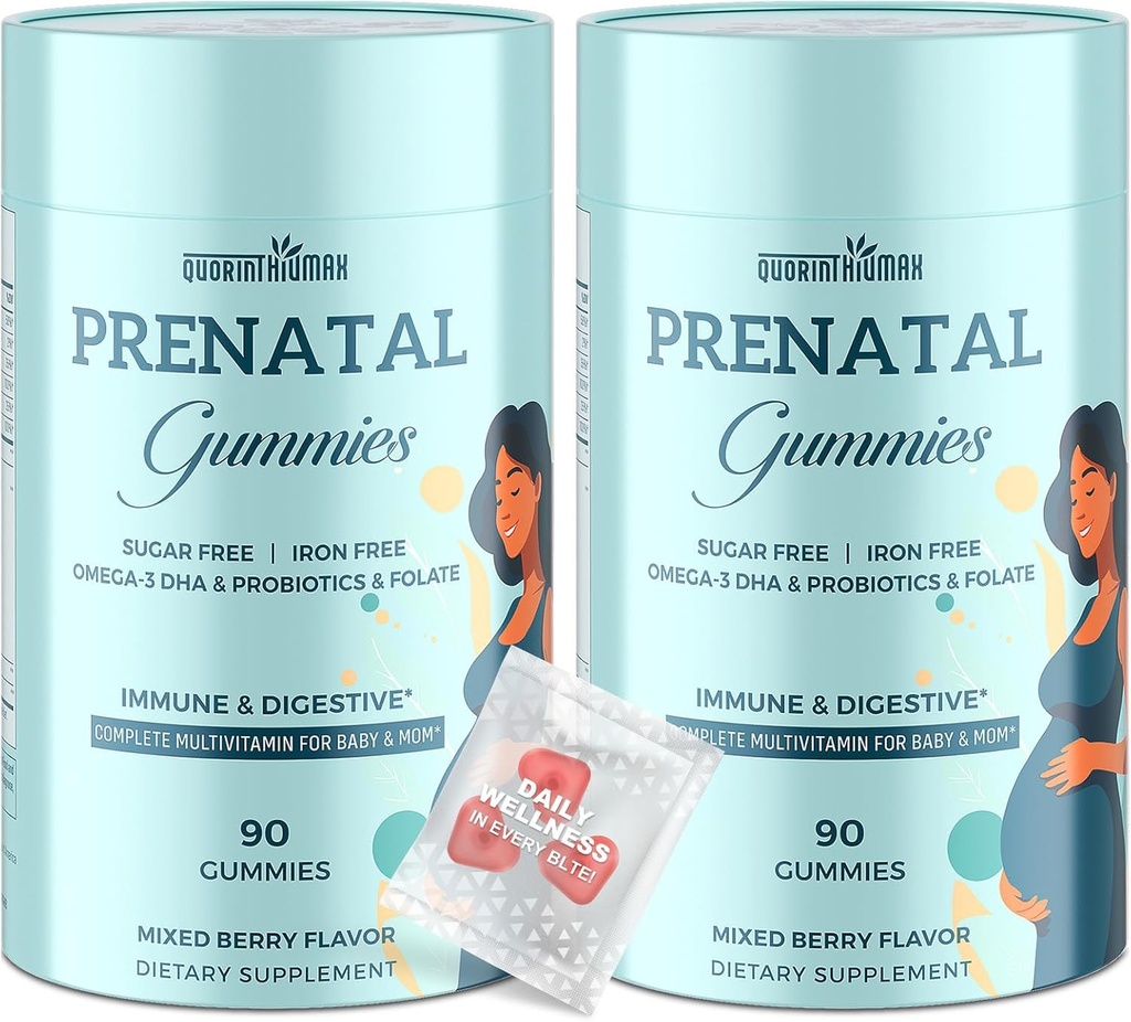 Pastilhas pré-natais sem açúcar 180 Count - Vitaminas pré-natais orgânicas para mulheres com folato, DHA & Probióticos - Pastilhas de vitamina pré-natais sem ferro para imune & digestivo - 2 garrafas