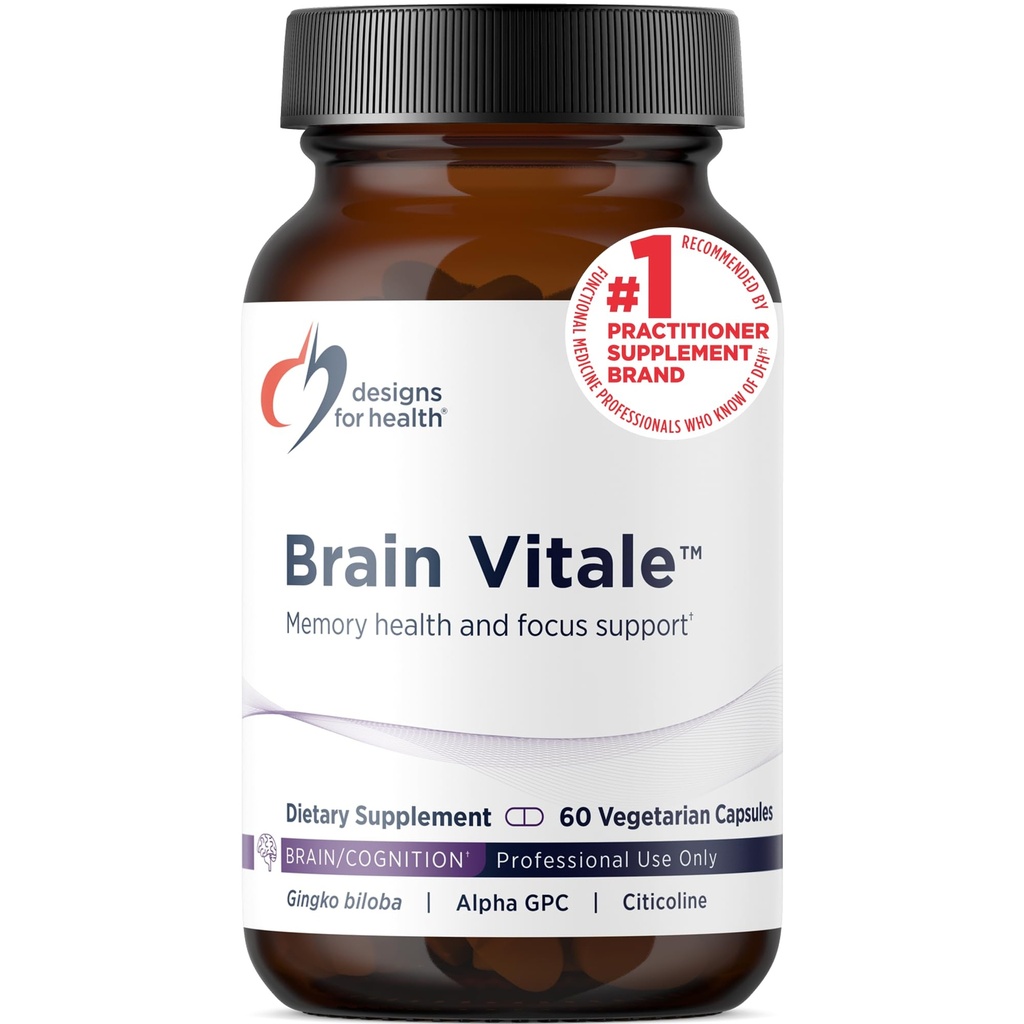 Designs para Saúde Cérebro Vitale - Suporta Foco, Memória e Stress com Mistura Nootrópica de Colina, Citicolina, Fosfatidilserina, Ginkgo Biloba, e Alpha GPC - Gluten Free, Vegan (60 Cápsulas)
