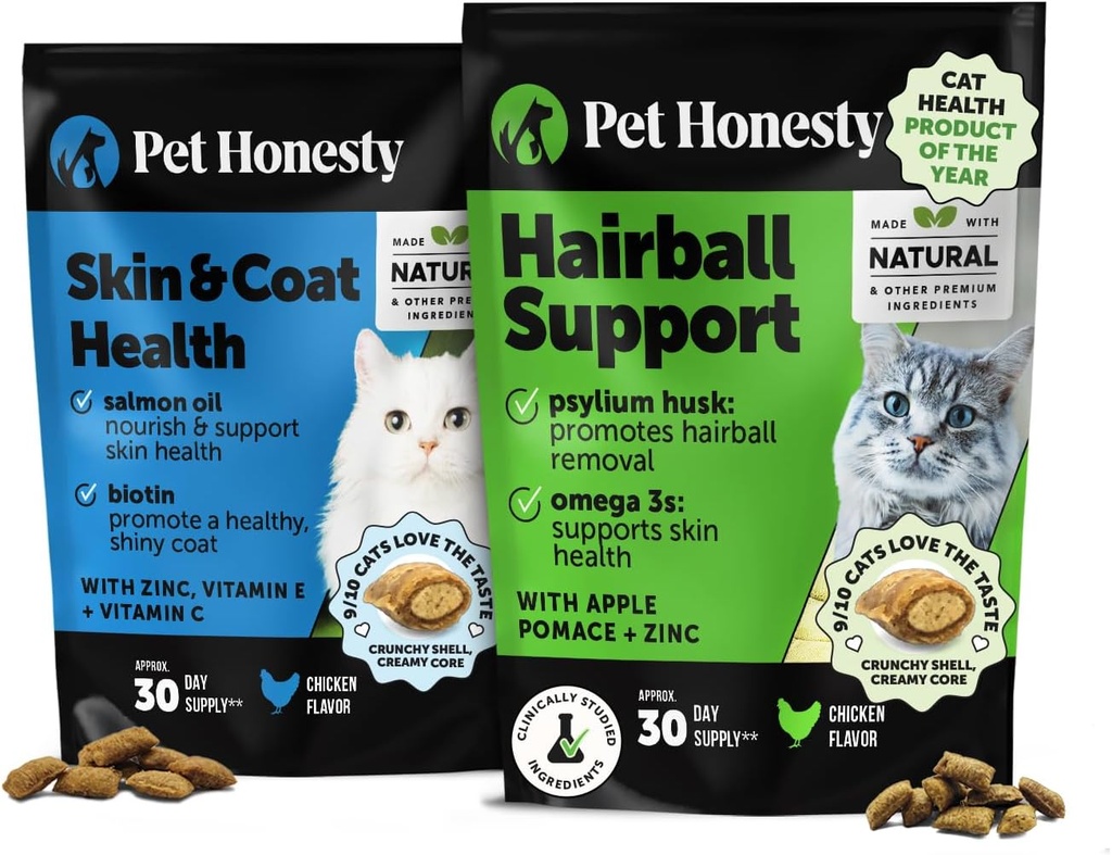 Pele de gato & casaco saúde & hairball suporte pacote: Omegas & Biotin mastiga para revestimento brilhante & Furball Remedy (Frango 30-Dia de fornecimento)