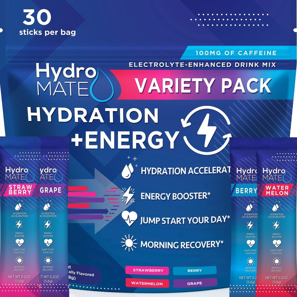 HydroMATE Eletrólitos Powder Drink Mix Packets Hydration Accelerator Low Sugar Party Favores para Recuperação Rápida Vitamina C Plus Caffeine Variety Pack - 30 Count