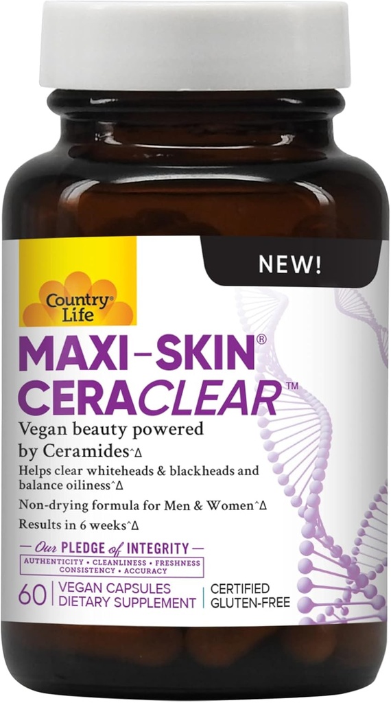País Vida Maxi-Skin CeraClear, 60 Cápsulas Vegan – Clinicamente estudado Konjac raiz ceramidas para apoiar claro, Hydrated pele & melhorar a hiperpigmentação – Glúten livre, Vegan, Kosher