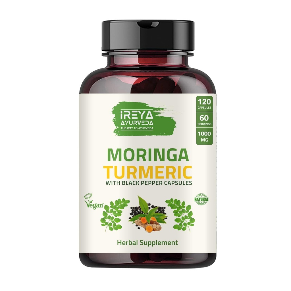 Orgânico Moringa Oleifera Pó e Raiz Turmérica Pó com Blackpepper 120 Cápsulas □ Feito com Moringa Orgânica, Açafrão e Pimenta Negra, Vegan, Gluten-Free e Non-GMO.