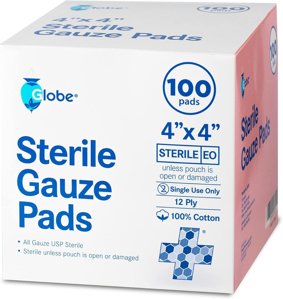 Globe 4’’ x 4" Advanced Gauze Pads for Wound Dressing; 100-Pack, individualmente embalados; 12-Ply Cotton & Highly Absorbent; Advanced Gauze Sponge-Pads for Wound Care & Home First Aid Kits (4 x 4)