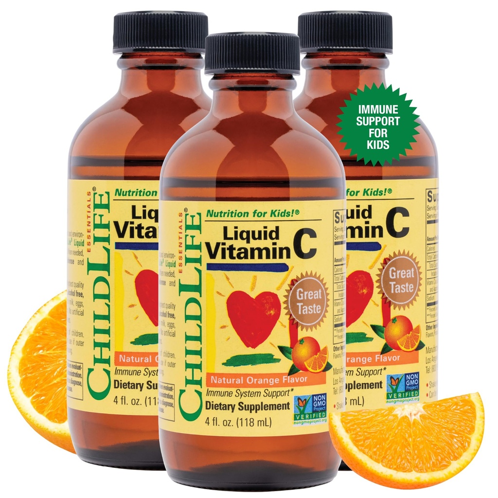 ESSENCIAIS FILHOS Vitamina C Líquida - Puro Suplemento Líquido Vitamina C para Crianças, Suporte do Sistema Imune, Grande Gosto - Sabor Laranja Natural, 4 Fl Oz (Pacote de 3)