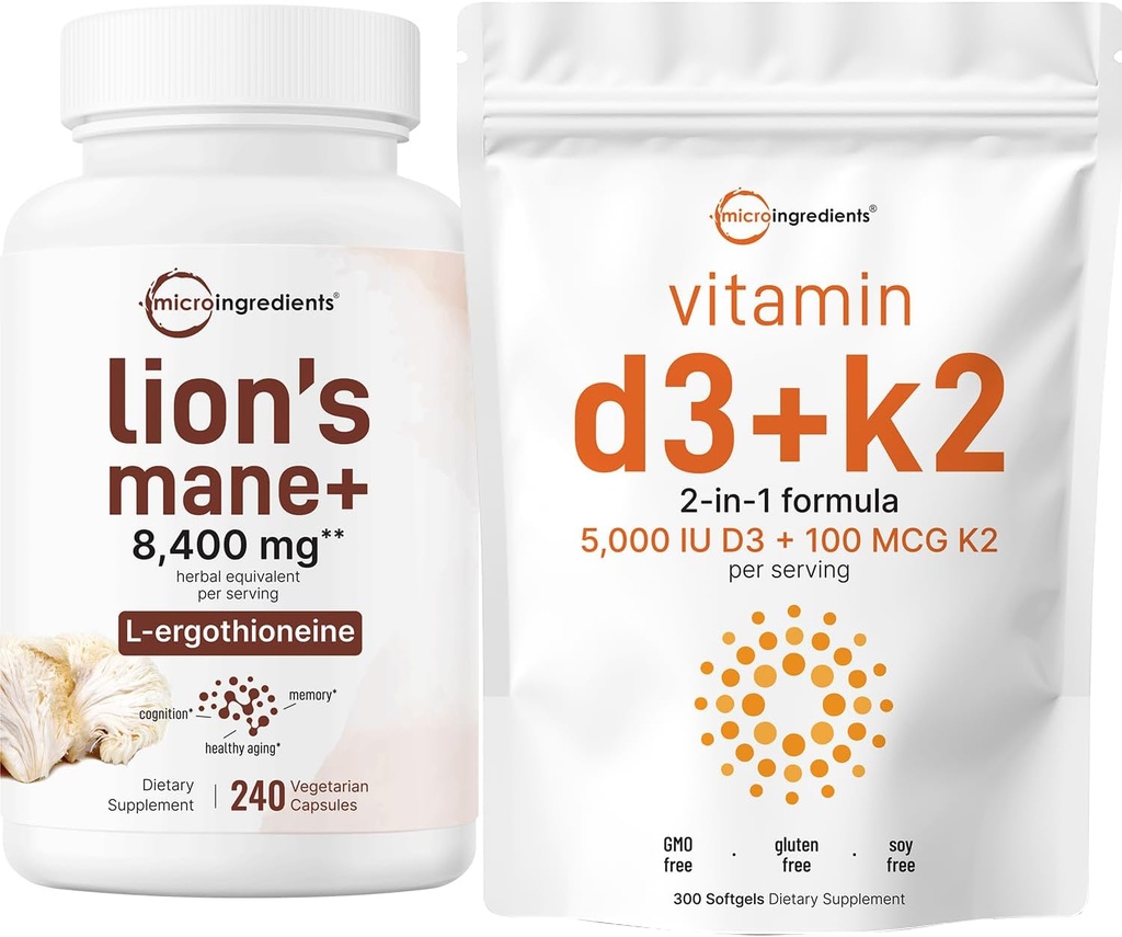 Micro Ingredientes Vitamina D3 5.000iu + K2 100mcg Softgels & Lions Mane Suplemento 240 Cápsulas Veggie Bundle 2 Pack O essencial de Vitaminas Sunshine