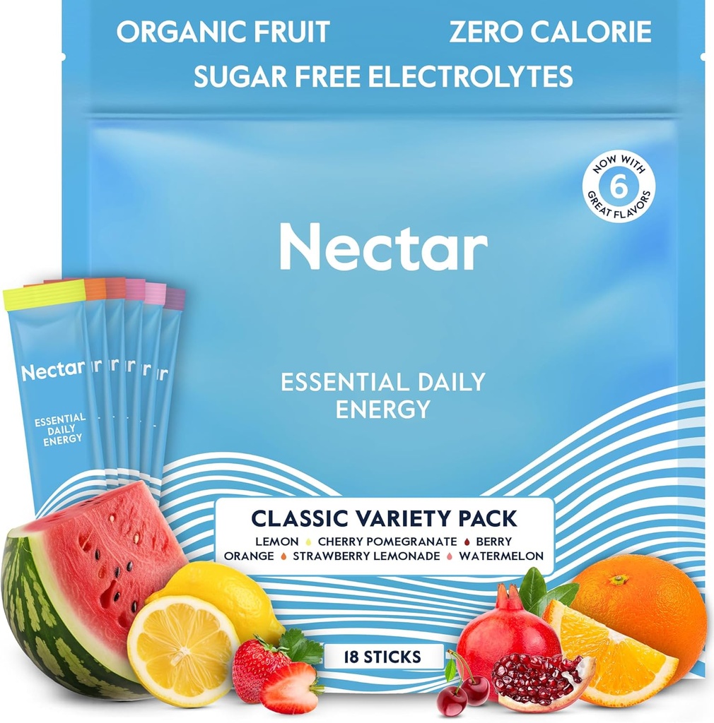 Nectar Energy Booster - Cafeína orgânica, B12 & Eletrólitos - Açúcar sem calorias e zero – saudável café, bebida energética e refrigerante alternativa – Hydration & Energy Supplement (Variety 18 Powder Packets)