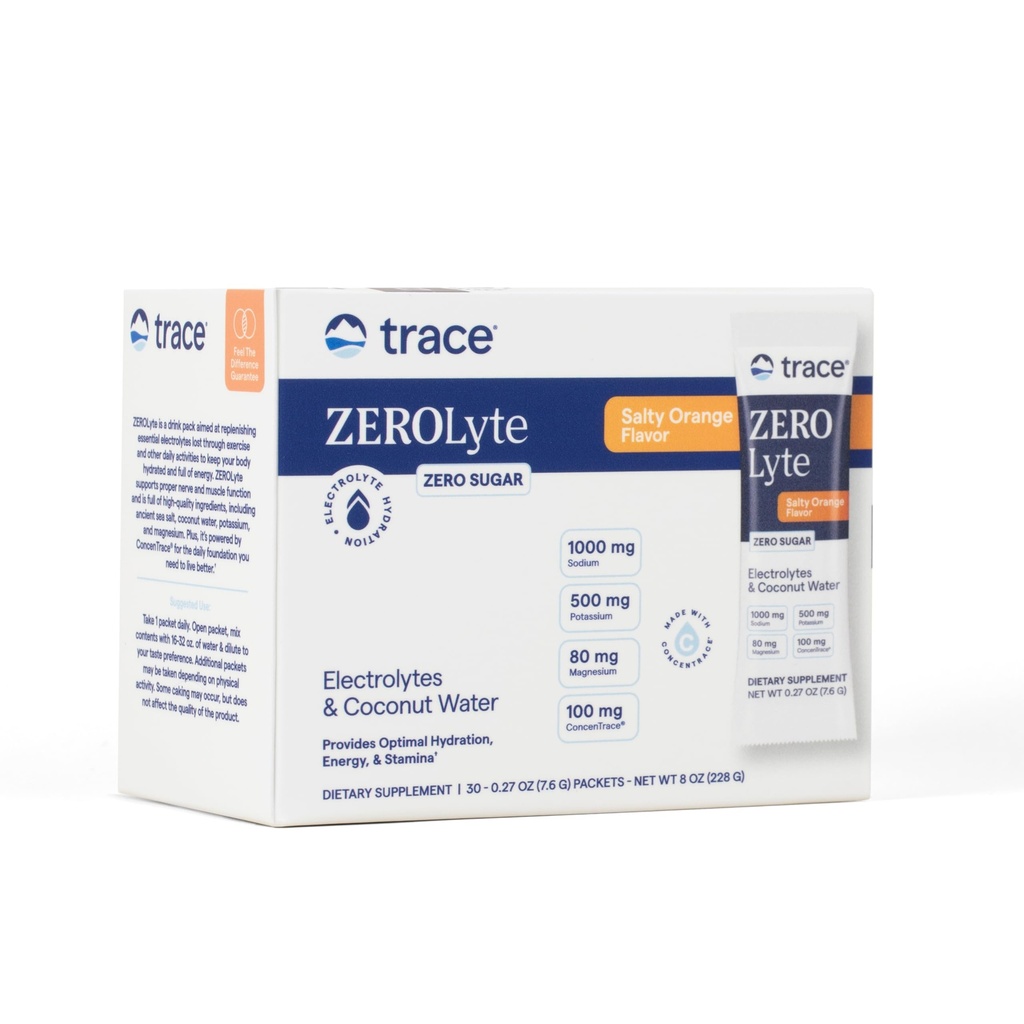 Trace Minerals ZeroLyte - Reabastecimento de Sódio e Eletrolítico - Energia e Hydration Suporte Drink Powder - Nerve & Muscle Function Support - Laranja Salgada, 30 pacotes (30 servimentos)