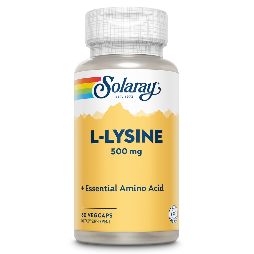 SOLARAY L Lysina 500 mg Cápsulas - Free-Form Essential Amino Acids Supplement - Suporte de Bem-Estar Poderoso com L-Lysine Amino Acid - Lab Verificado, Garantia de 60 dias, 60 Servings, 60 VegCaps