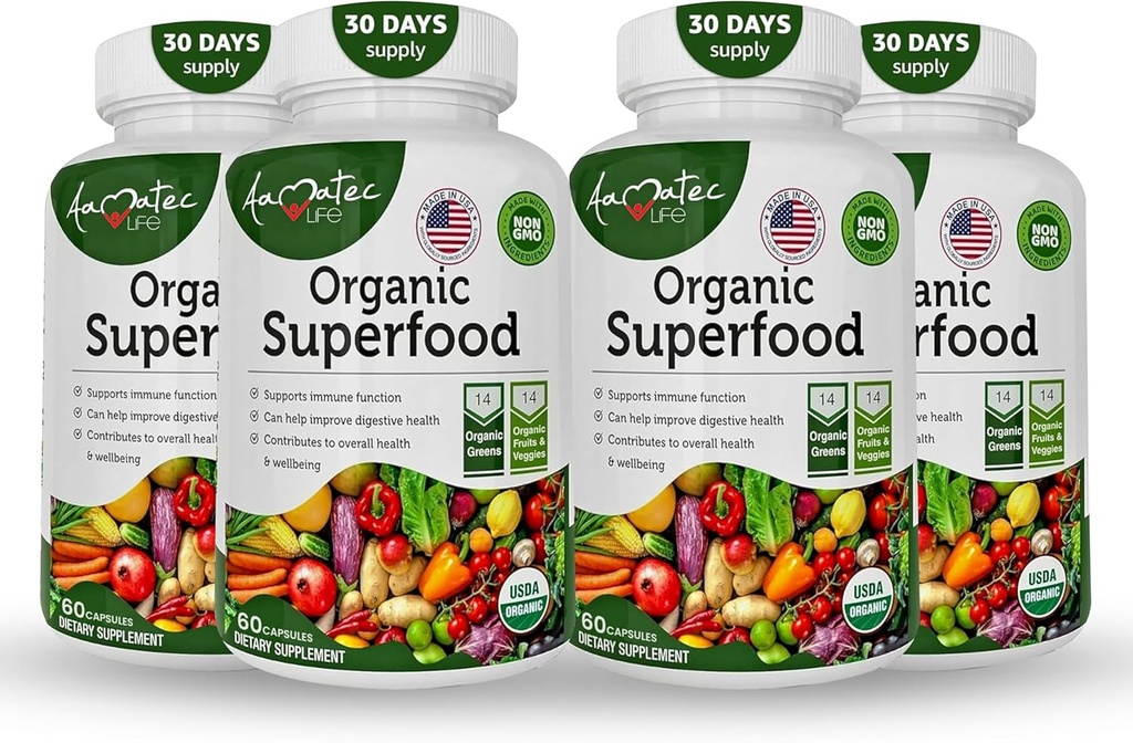 Superalimentos orgânicos Greens Fruits and Veggies Complex - Melhor Suplemento dietético com 14 Verdes e 14 Frutas e Legumes com Alfalfa & Ingredientes Orgânicos Antioxidantes Não-GMO 240 Cápsulas
