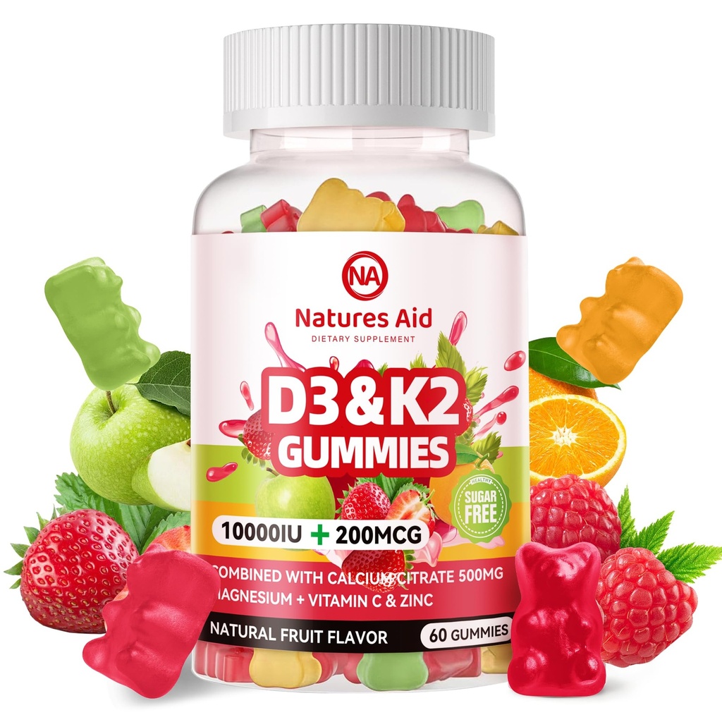 Naturezas Ajuda Vitamina D3 K2 sem açúcar Gummies com cálcio + K2 (MK-7), Citrato de magnésio, Vitamina C, Força extra - Absorção final para dentes musculares ósseos Imune, Vegan - 60 Gummies