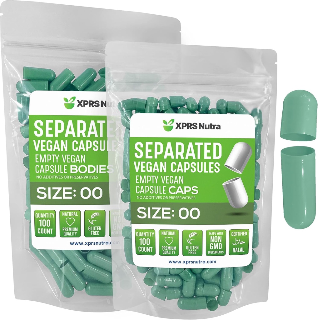 XPRS Nutra Vegan Tamanho 00 Cápsulas Separadas - 100 Count Premium Cápsulas Vazias Separadas em Sacos - 00 Comprimidos Vazios para Preenchimento Suplemento DIY (Sage Green)