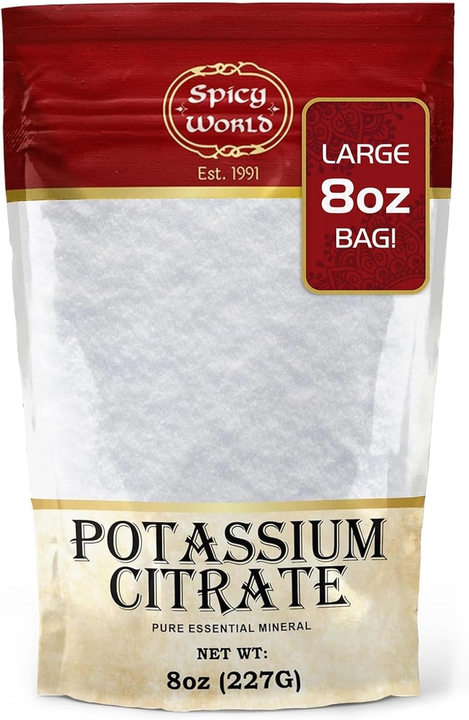 Spicy World Potássio Citrato em pó 8 OZ - Puro, Vegan, Grau Alimentar, Bulk Potássio Suplemento