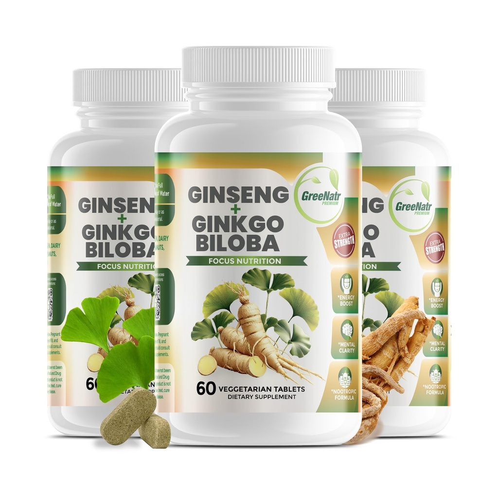 GreeNatr Ginko Biloba & Panax Ginseng Supplement - Red Ginseng Brain Supplement for Memory and Focus - Ginkgo Biloba Supplements for Good Vision, Immune System and Immuned Blood Flow - 3 Garrafas