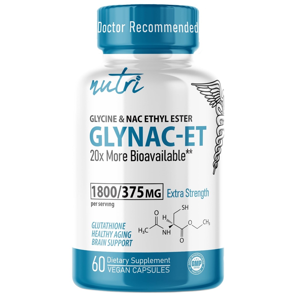 Nutri NAC Ethyl Ester + Glycine - Força Extra 375mg - NACET com Selênio - 80% Biodisponibilidade - N-Acetilcisteína - Suplemento Anti Envelhecimento, Impulsionar Glutationa - 60 Cápsulas - 3a Parte Testada