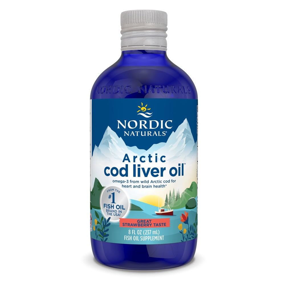 Naturals nórdicos Arctic Bacalhau Óleo de fígado, morango - 8 oz - 1060 mg Total Omega-3s com EPA & DHA - Coração & Saúde do Cérebro, Imunidade Saudável, Bem-Estar Geral - Não-GMO - 48 Servings
