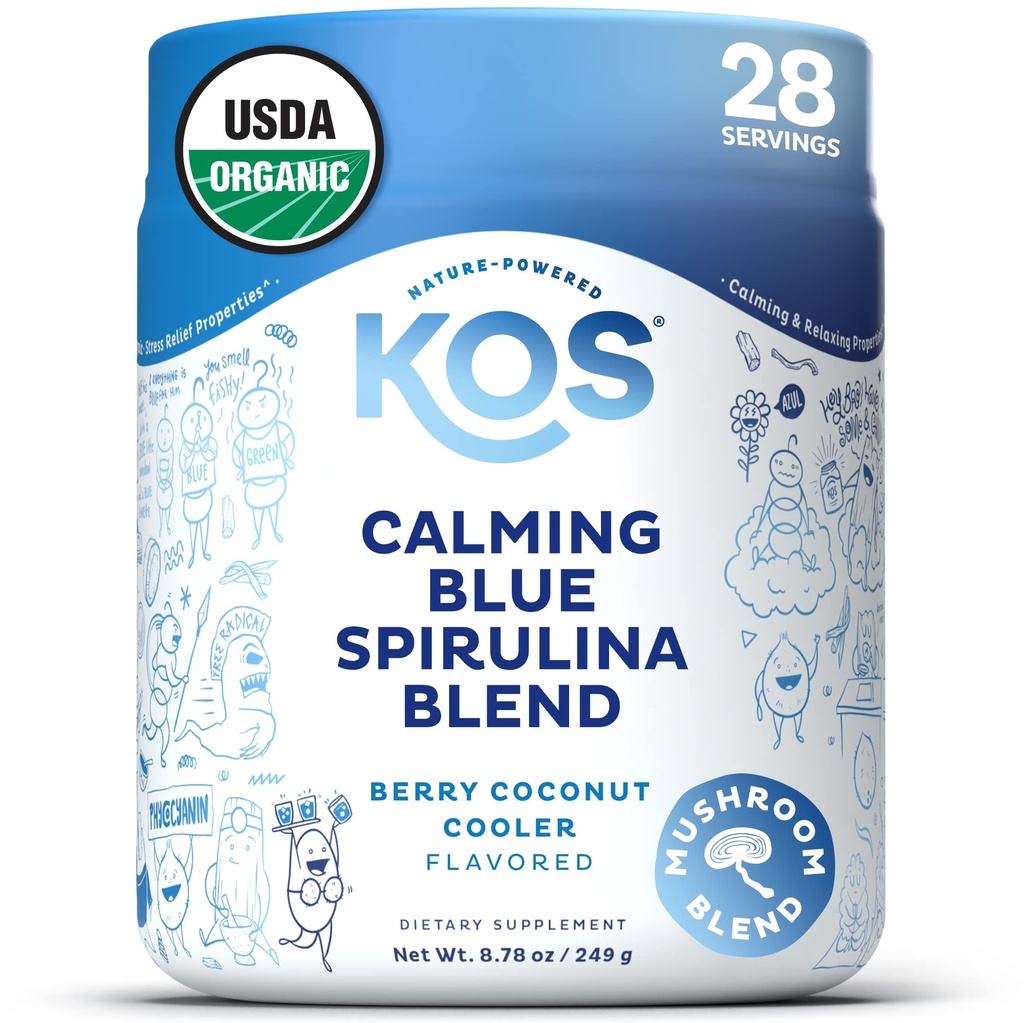 KOS Calming Blue Spirulina Blend- USDA Certified Organic - Algae Superfood Powder with Ashwagandha Root, Lemon Balm, Reishi Mushroom, B Vitaminas - Berry Coconut Cooler Flavor, 28 Servings