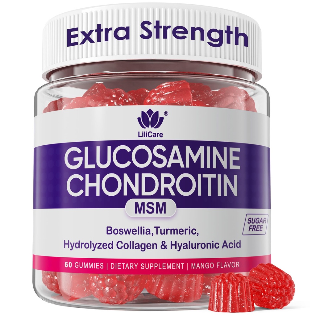 Glucosamina Condroitina Gummies, Açúcar Free Glucosamina Condroitina HSH Suplemento, Força extra com Boswellia Turmeric, Colágeno hidrolisado & Ácido Hialurônico, Saúde óssea para homens e mulheres, 60 Cts