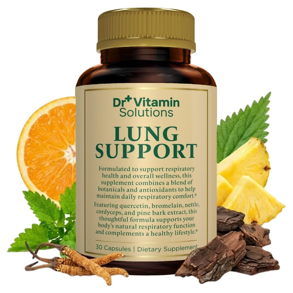 DR VITAMIN SOLUÇÕES Lung Detox Suplemento para homens e mulheres - 10-em-1 mistura w / Vitamina C & Butterbur raiz - apoia a saúde do pulmão & função respiratória - melhora a respiração, fluxo de oxigênio - 30 Vegan Caps