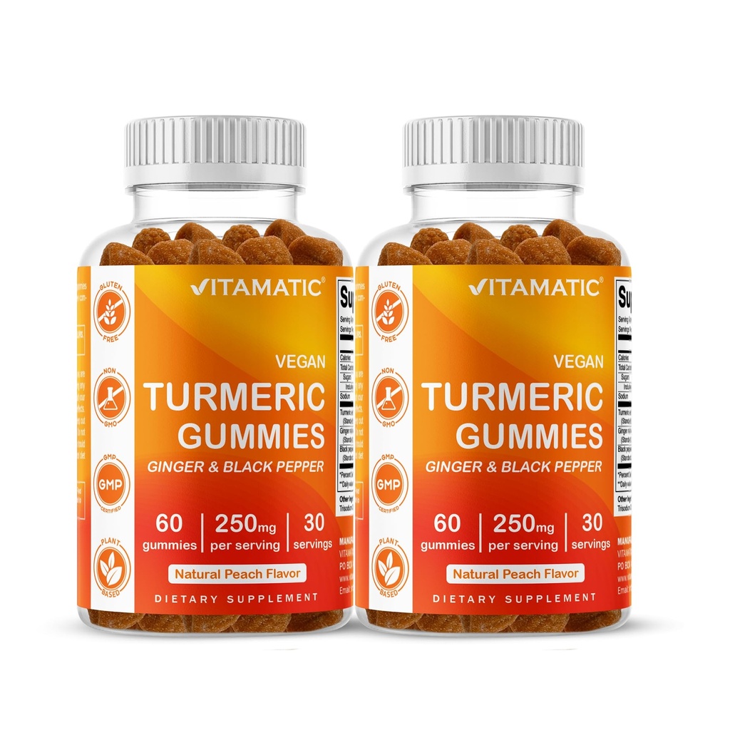 Vitamatic Gummy Turmeric com extrato de gengibre e pimenta preta – 60 Gummies Vegan Cada um 2 Pacote (120 chicletes) 95% Curcuminóides – Poderoso Antioxidante & Suporte Inflamatório