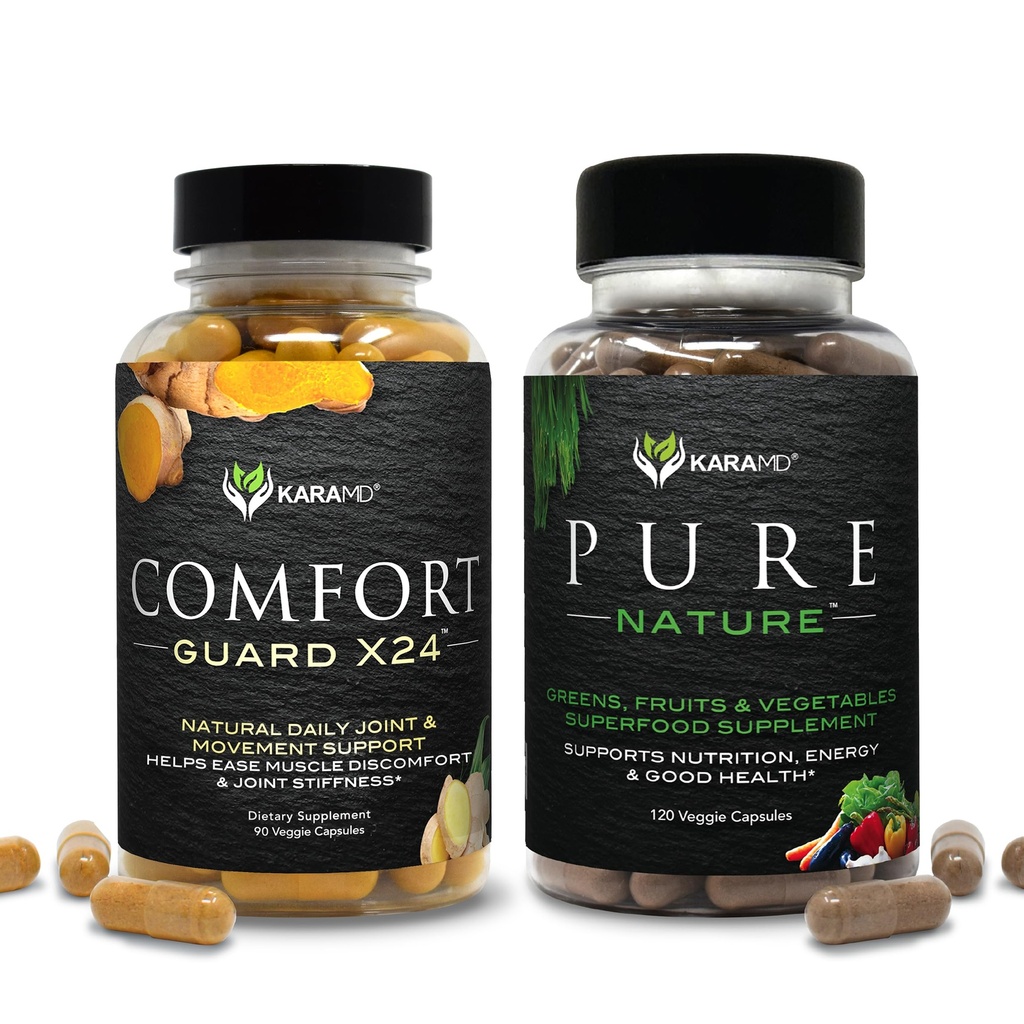 KaraMD Pure Nature & Comfort Guard Bundle □ Alimentos inteiros Verdes, Frutas e vegetais Suplemento + Apoio ao movimento □ Não-GMO, Vegan, Sem glúten (30 Servings each)