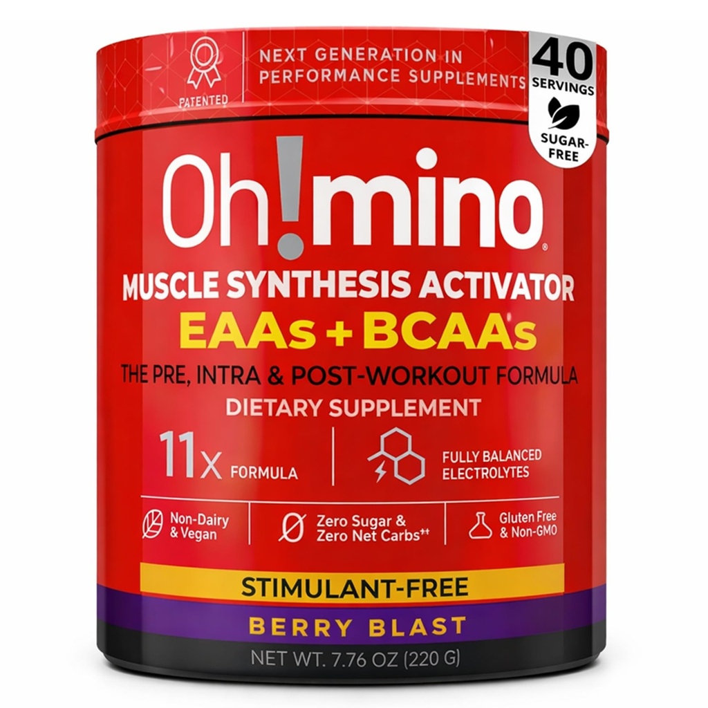 Oh!mino Essential Aminoácidos Suplemento. Berry Blast, pó sem estimulantes. Todos os 9 EAAs, BCAAs e o Amino perfeito para treinos, Energia Amino, e para construir músculo, e recuperar mais rápido.