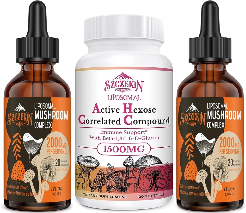 1500 MG Hexose Ativa Lipósomo Suplemento Correlacionado 120 SoftGels Bundle com 2000 MG Liposomal Cogumelo Complexo Drops 60 Servings
