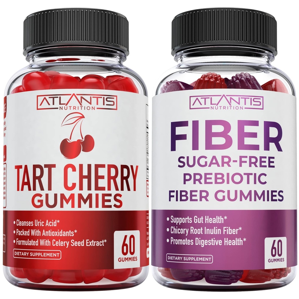 Atlantis Nutrition Tart Cherry 60 chicletes + açúcar livre de gomas de fibra prebiótica para adultos 2-Pack (120 chicletes)