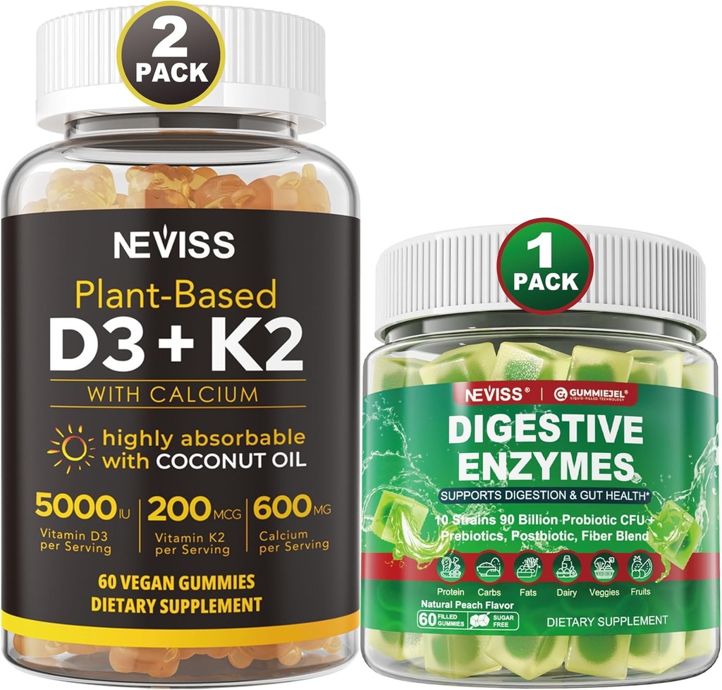 NEVISS Vitamina D3 5000iu & K2, pastilhas de cálcio e gomas de enzimas digestivas