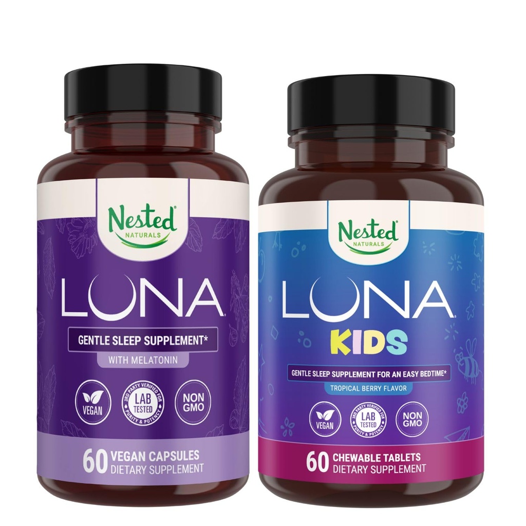 Nested Naturals Sleep Aid Bundle - Luna Adult & Luna Kids Sleep Aid with Natural Ingredients (Melatonina, Camomila, Valeriana) for Deep Sleep and Relaxation (120 Count)