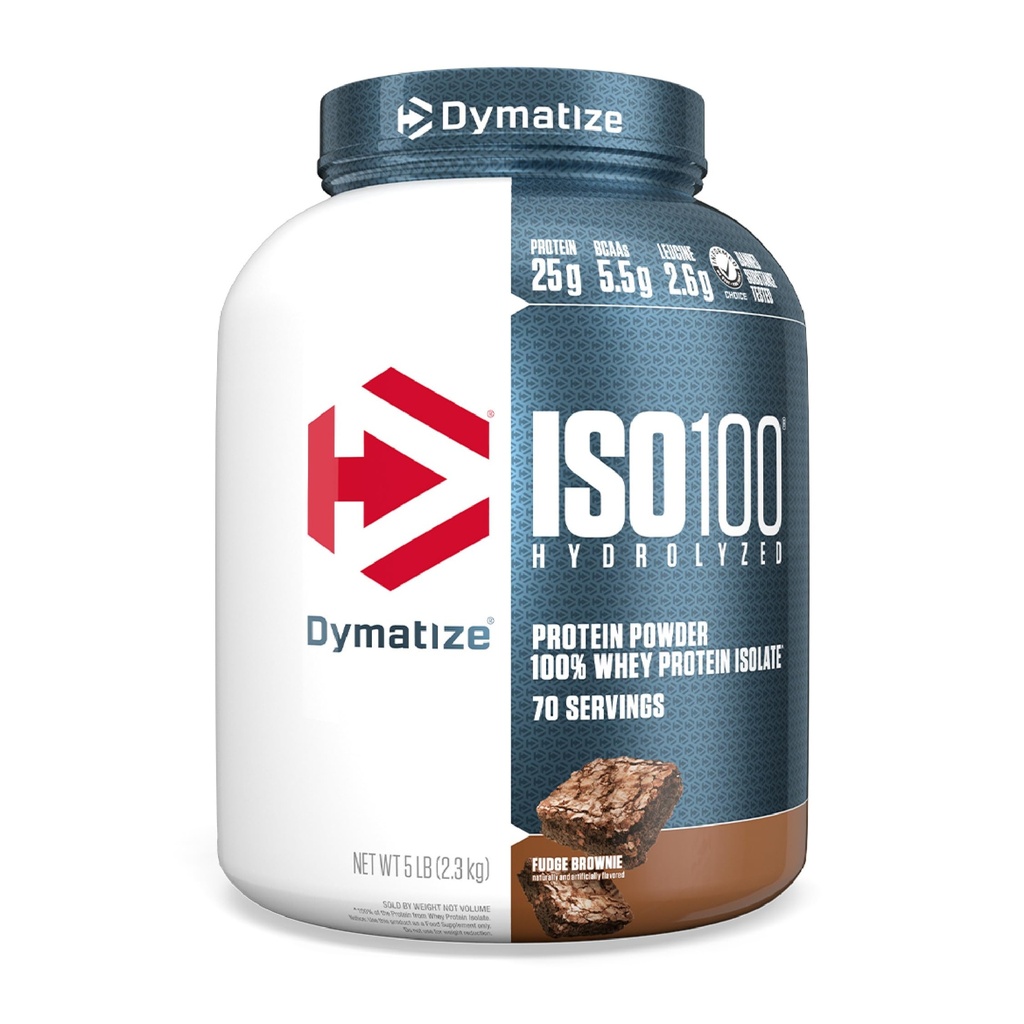 Dymatize ISO100 Whey Protein Powder Isolate, Fudge Brownie, 25g de proteína, 5 libras, 5,5g BCAAs, Menos de 120 cal., Gluten Free, 1g de gordura, 1g de açúcar, 2g de carboidratos (70 servimentos)
