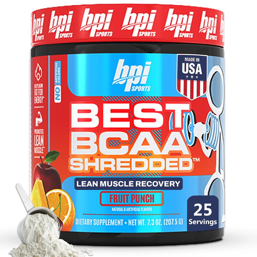 BPI Sports Best BCAA Shreded - Cafeína Free Thermogenic Recovery Drink, Lean Muscle Building BCAA Pó para Mulheres e Homens, Pré-treino BCAAs Amino Acids Drink- Fruit Punch - 25 Servings