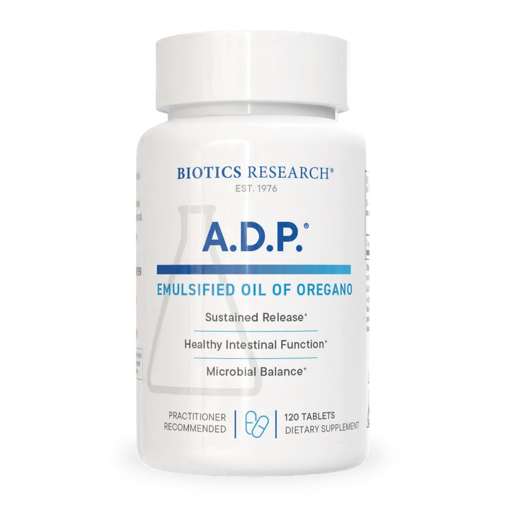 Biotics Research A.D.P. Óleo Emulsionado de Comprimidos de Orégano para Saúde GI - Liberação Mantida para Alta Absorção Contém Carvacrol, Óleo de Orégano Selvagem 50mg/S - Fórmula patenteada -Não OGM -120 Comprimidos
