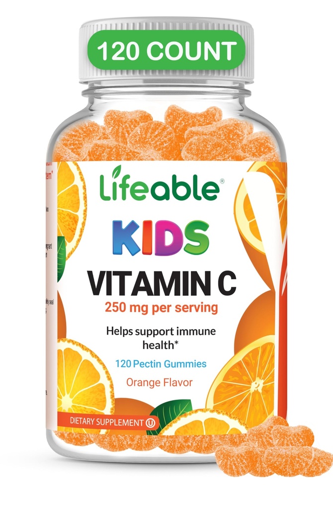 pastilhas de vitamina C para crianças - Vegan, GMO grátis e sem glúten - Grande sabor de laranja sabor Pectina mastiga - Crianças Suplemento dietético - 250 mg de vitamina C - 120 gelatinas [60 doses]