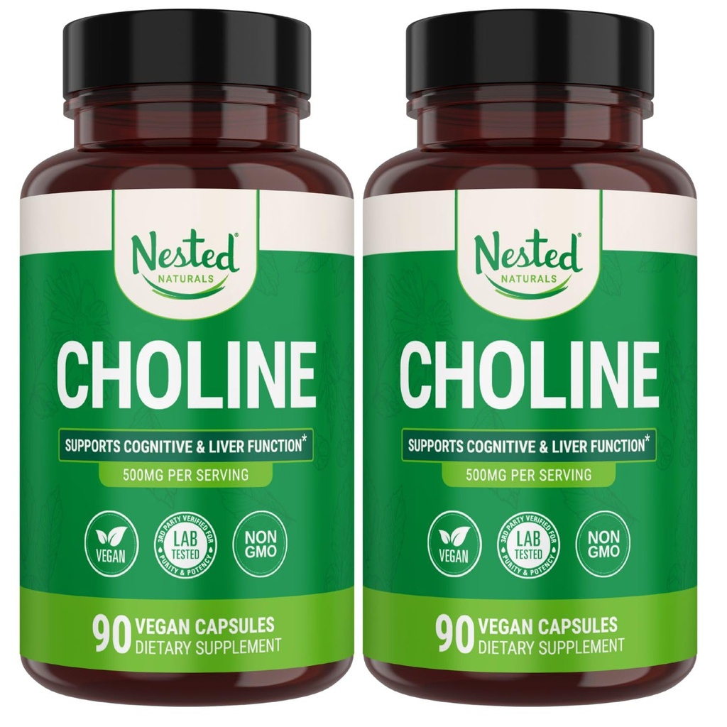 Aninhado Naturals Choline Bitartrate 500mg - Suplementos de alta potência Choline - Suporta Maternal & Saúde Fetal durante a gravidez* - 100% Vegan & Non-GMO - 2-Pack (180 Cápsulas Vegan)