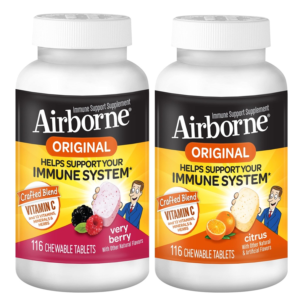 Airborne 1000mg Vitamina C comprimidos mastigáveis Citrus & muito Berry Flavor Bundle - Suplemento de suporte imunológico com zinco e vitaminas potentes antioxidantes A C & E, (2x116ct garrafas)*