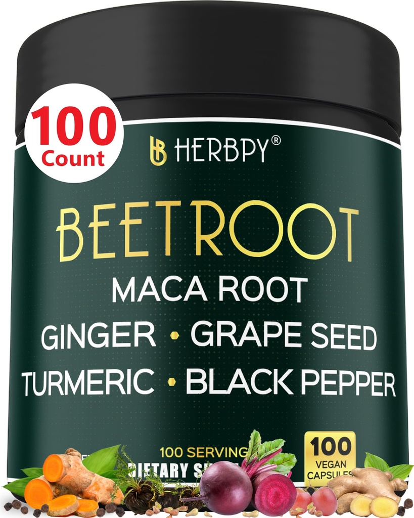 6in1 Beterraba Suplemento com Maca Root, Sementes de uva, Ginger, Açafrão e Pimenta preta para saúde do coração e apoio imunológico - 100 Cápsulas Vegan