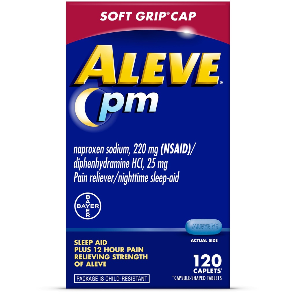 Aleve PM Sleep Aid Plus Pain Reliever Caplets, Naproxen Sódio & Difenidramina HCl, Nighttime, 120 Count