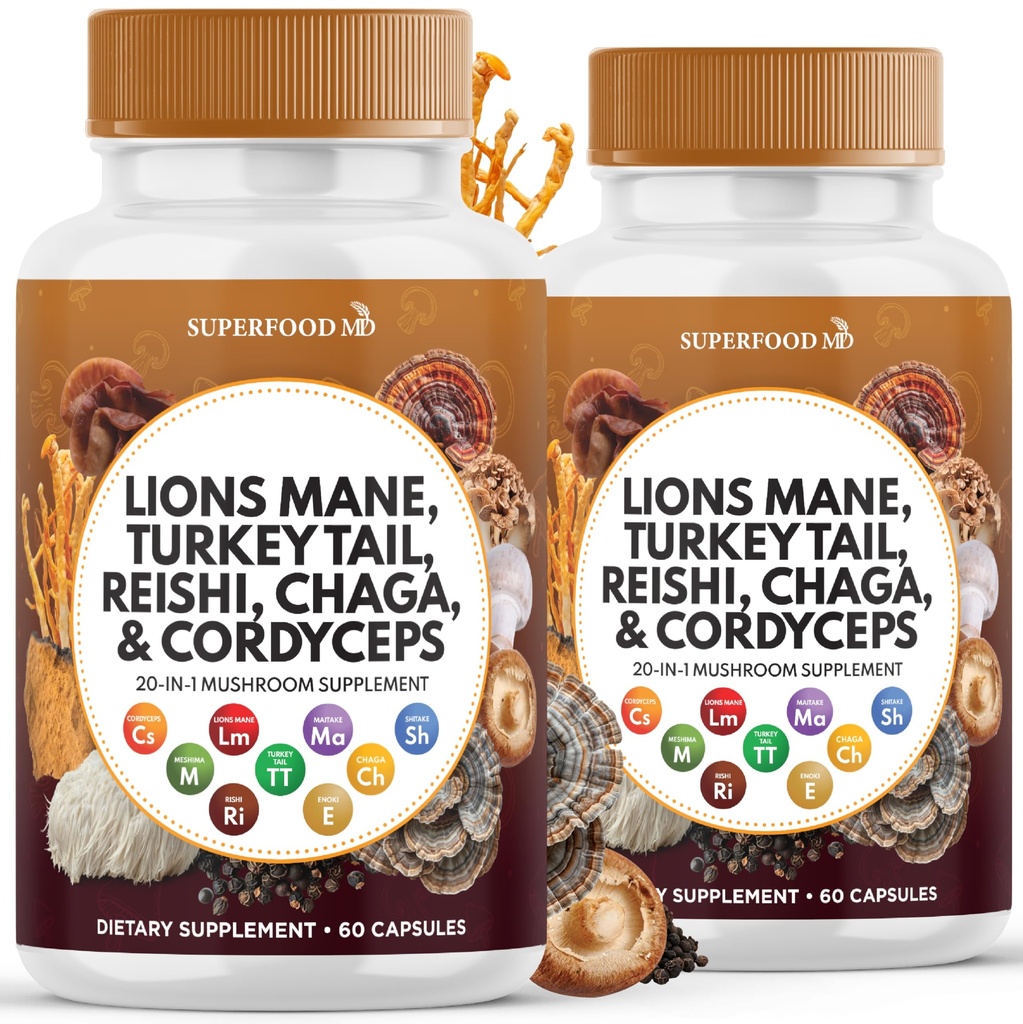 Lions Mane Mushroom Supplement with Turkey Tail Reishi Cordyceps Chaga with Marshmallow Root - 120 Conde