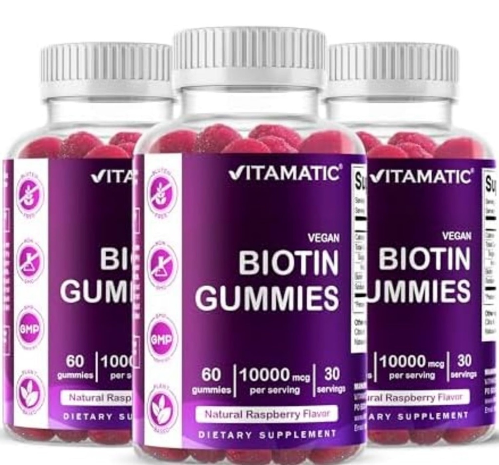 Vitamatic Biotin Gummies 10.000 mcg para cabelos mais fortes, pele e unhas - 60 Vegan Gummies - Também chamado vitamina B7 (3 garrafas)