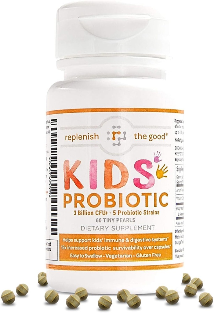 Crianças Vegan Probióticos, 60 Pérolas Minúsculas - Recuperação Antibiótica - Ajuda o suporte Imune infantil & Sistema digestivo - 15x mais eficaz do que chicletes - Açúcar livre, Fácil de engolir