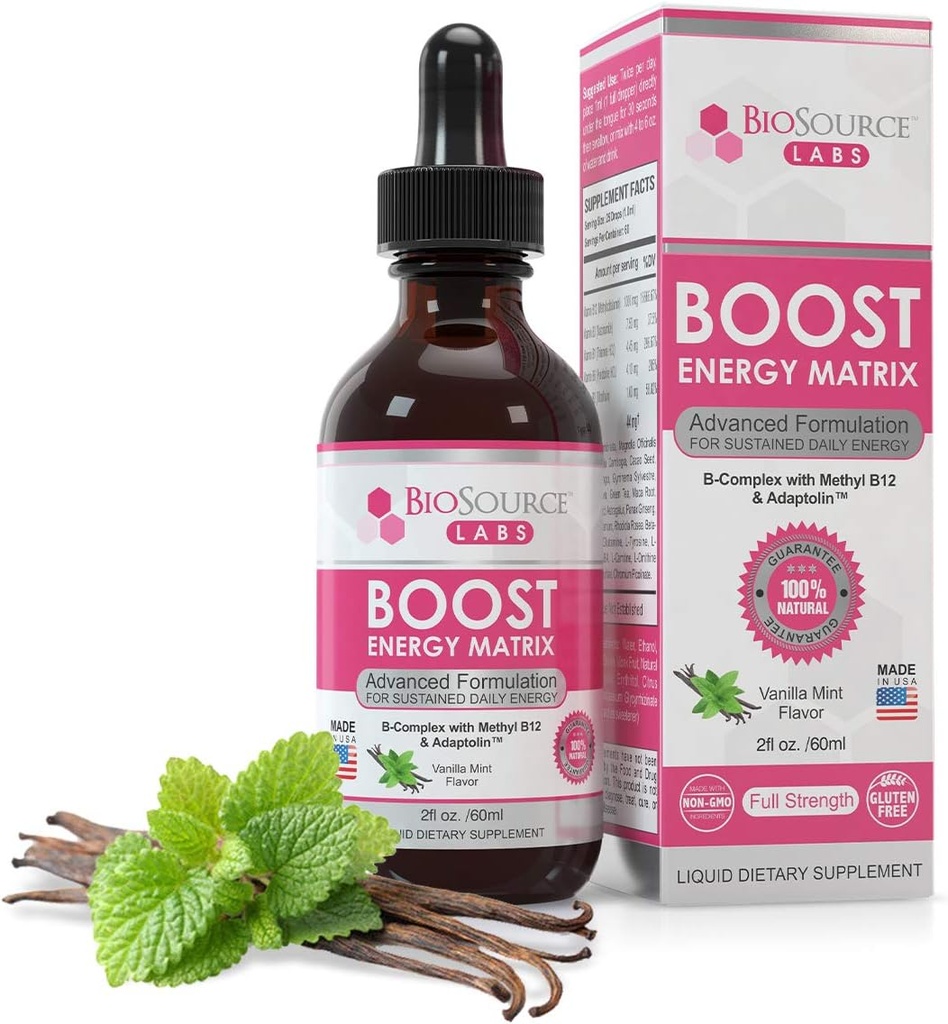 Boost Energy Matrix – Vegan Vitamina B-Complexo gotas líquidas sublinguais w/Metil B12 & Adaptolin (2 oz / 60ml garrafa)